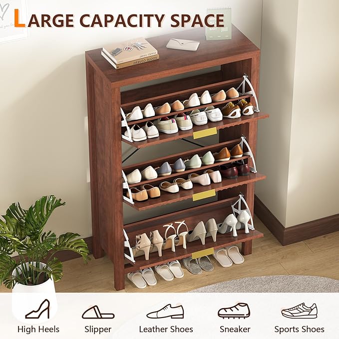 YOMILUVE Shoe Cabinet Storage for Entryway, Fluted Shoe Cabinet with 3 Flip Drawers, Hidden Shoe Rack Tall Freestanding Shoe Organizer with Legs for Hallway, Walnut