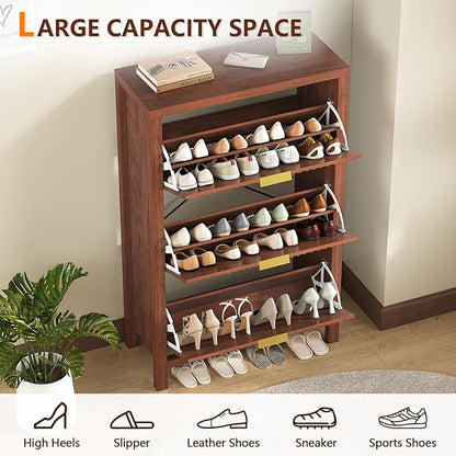 YOMILUVE Shoe Cabinet Storage for Entryway, Fluted Shoe Cabinet with 3 Flip Drawers, Hidden Shoe Rack Tall Freestanding Shoe Organizer with Legs for Hallway, Walnut