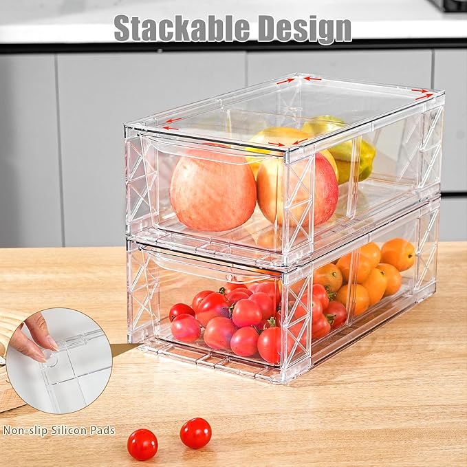 8Pack Clear Stackable Kitchen Storage Organizer,Pantry Organizers and Storage,Foods Organizer Bins with Handles, Easily Assemble for Bathroom, Kitchen, Refrigerator, Pantry, Cabinet, Closet