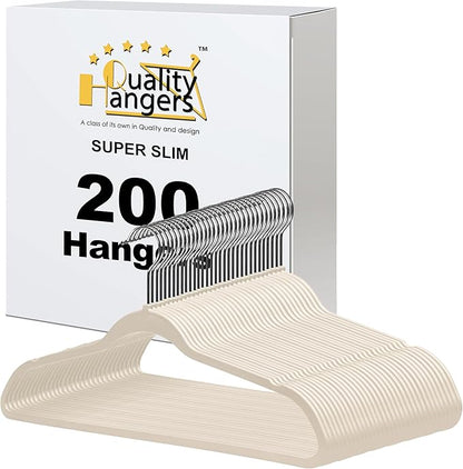 Quality Hangers 200 Pack Slim Plastic Hangers for Clothes - 16.5" Won't Crease Your Clothes, Heavy Duty Non-Velvet Ivory Hangers, 360° Swivel Chrome Hook Dresses Coats Shirts