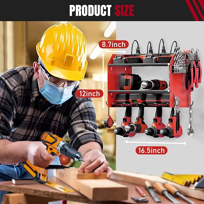 Modular Power Tool Organizer Wall Mount with Charging Station, 3-Layer Heavy Duty Drill Holder Rack & 8-Outlet Power Strip for Garage Workshop Storage