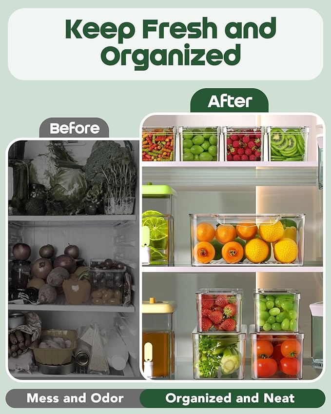 KEMETHY 11 Pack Refrigerator Organizers and Storage, Stackable Fridge Organizer Bins, BPA-Free Clear Plastic Fruit Storage Containers for Fridge, Kitchen, Fruits, Drinks, Produce, Vegetable