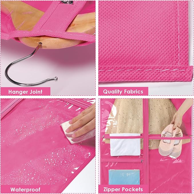 Univivi Dance Costume Bags Garment Bag 40 Inch Hanging Clothes for Dance Competitions, with 3 Medium Clear Zipper Pockets for Dance Costumes, Closet Storage (Rose Red) - 4 Pack