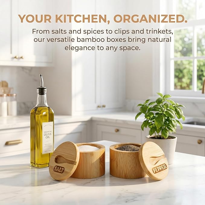 Lawei 2 Pack Bamboo Salt and Pepper Bowls, Round Salt Container with Magnetic Swivel Lids and Spoons, Bamboo Salt Cellars, Seasoning Storage Holder Box for Salt, Pepper, Sugar, Spice