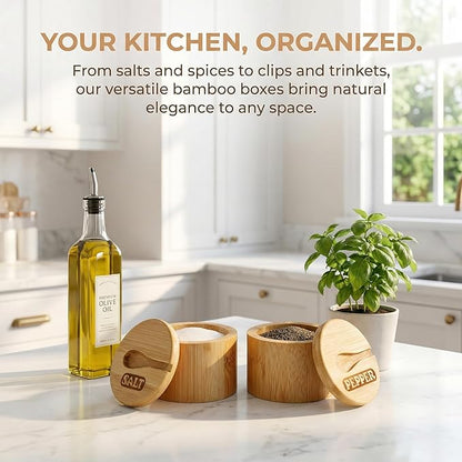 Lawei 2 Pack Bamboo Salt and Pepper Bowls, Round Salt Container with Magnetic Swivel Lids and Spoons, Bamboo Salt Cellars, Seasoning Storage Holder Box for Salt, Pepper, Sugar, Spice