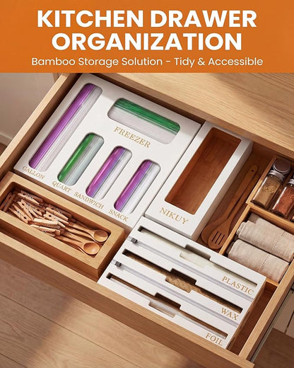 Bamboo Foil and Plastic Wrap Organizer for Kitchen Drawer, 2024 New 9 in 1 Plastic Bag Organizer Organization and Storage, Food Storage Bag Organizer with Labels for Quart Gallon Snack (White)