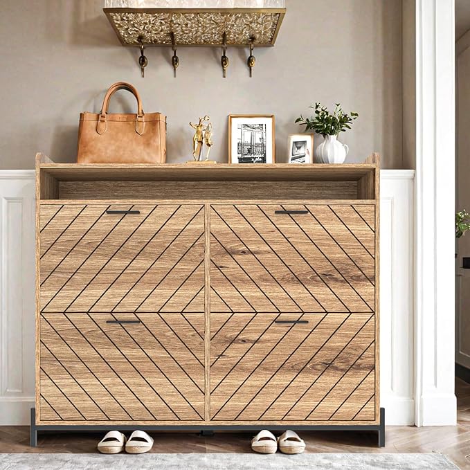 Shoe Cabinet for Entryway,Large Shoe Storage Cabinet with 4 Flip Drawer,Narrow Shoe Organizer Rack with Open Storage Shelf for Hallway,Closet