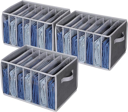 Zilink Upgraded Wardrobe Clothes Organizer with Support Board Clear Jean Organizer for Closet with 7 Grids Pants Organizer for Closet Shelf for Jean Pant Sweater Legging T-Shirt, 3 Pack