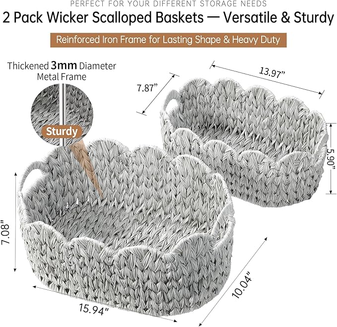 Coeusy Wicker Scalloped Basket Set of 2,Woven Storage Baskets for Shelves,Closet,Laundry,Gift,Towels,Books,Toys,Waterproof Cute Decor Basket for Organizing,Grey