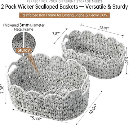Coeusy Wicker Scalloped Basket Set of 2,Woven Storage Baskets for Shelves,Closet,Laundry,Gift,Towels,Books,Toys,Waterproof Cute Decor Basket for Organizing,Grey