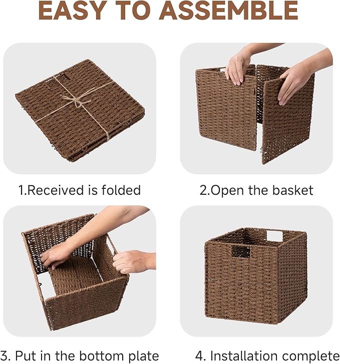 StorageWorks 13 inch Wicker Storage Baskets, Handwoven Wicker Basket for Organizing, Foldable Paper Rope Square Storage Cubes, Brown, 2 Pack