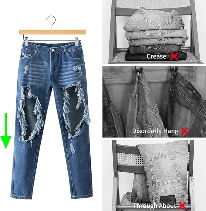 Nature Smile Deluxe Wooden Pants Hangers,Solid Lotus Wood Jeans Skirt Hanger with Clips Anti-Rust Hook Pack of 28（Natural）
