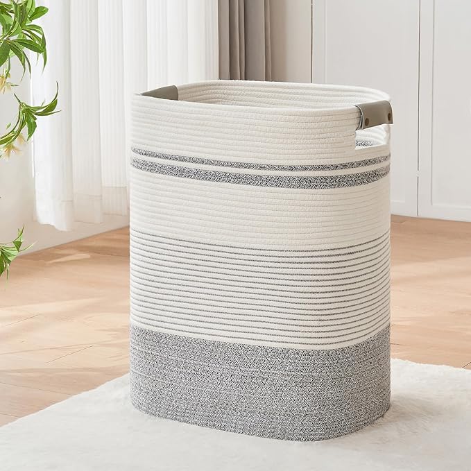 AINUOQI Laundry Basket with Handles - Blanket Basket & Hampers for Bedroom Aesthetic, Laundry Hamper & Blanket Storage for Living Room, Clothes Hamper, Tall, Large 17" x 14" x 22”, Grey & White