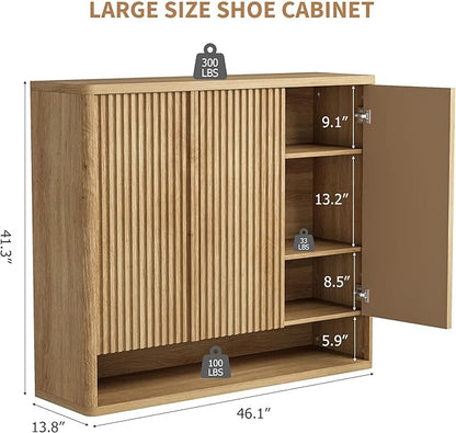 Modern Entryway Shoe Storage Cabinet – 46 Inch Wooden Organizer with Adjustable Shelves, Fluted Door, Holds 30-35 Pairs, Space-Saving Hallway Furniture, Natural Wood Color