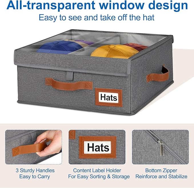 Dofilachy 2-in-1 Stackable Hat Storage for Baseball Caps with Clear Lid, Holds 28-32 Caps - Adjustable Space Hat Organizer for Baseball & Cowboy Hats, Closet Box for Men & Women (Deep Grey)