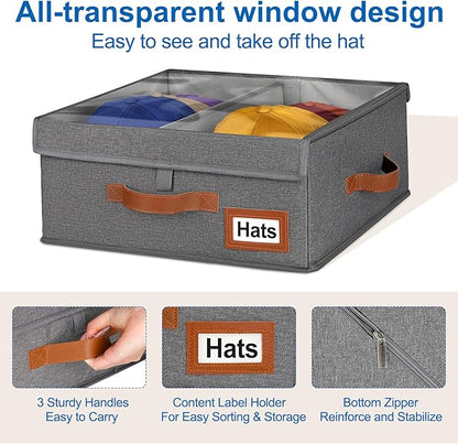 Dofilachy 2-in-1 Stackable Hat Storage for Baseball Caps with Clear Lid, Holds 28-32 Caps - Adjustable Space Hat Organizer for Baseball & Cowboy Hats, Closet Box for Men & Women (Deep Grey)