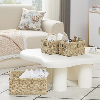 Vagusicc Wicker Basket, Set of 3 Hand-woven Storage Baskets for Organizing, Seagrass Wicker Storage Basket Bins with Handles, Small Toilet Paper Storage Baskets for Shelves Pantry Baskets (Seagrass)