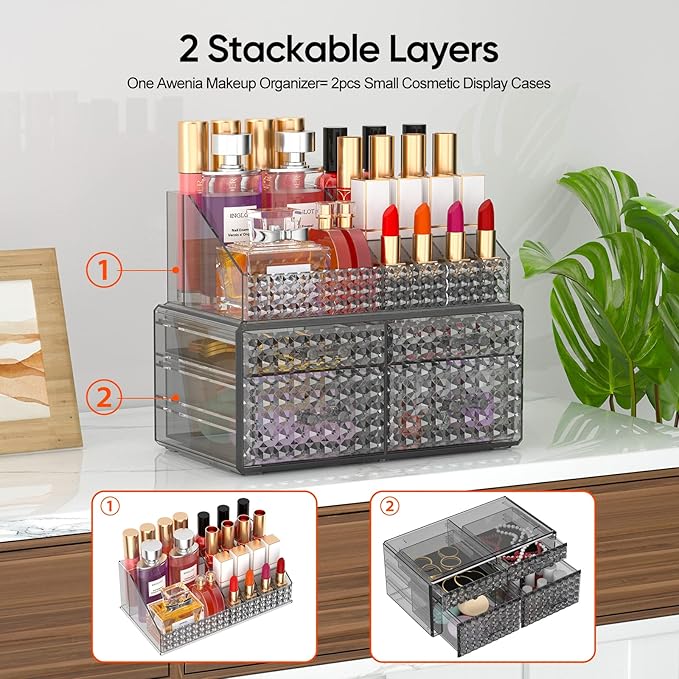 Awenia 2 Pack Stackable Makeup Organizer with Drawers[Upgraded]-Acrylic Make up Organizers and Storage Case for Cosmetics,Brush,Perfume,Jewelry Display, Vanity and Bathroom Accessories