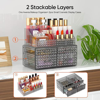 Awenia 2 Pack Stackable Makeup Organizer with Drawers[Upgraded]-Acrylic Make up Organizers and Storage Case for Cosmetics,Brush,Perfume,Jewelry Display, Vanity and Bathroom Accessories