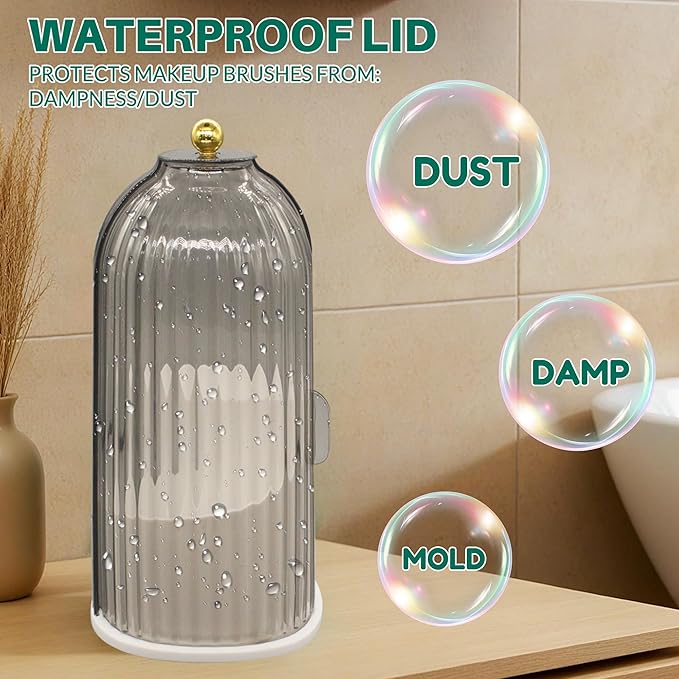 Makeup Brush Holder with Lid Cosmetic Tools Organizer 360 Rotating Waterproof Dustproof Make Up Brushes Storage for Vanity Bathroom Countertop