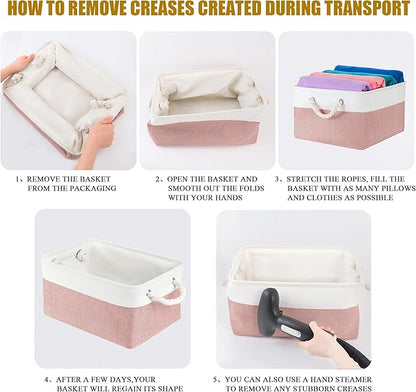 Storage Bins with Sturdy Cotton Handles(1 Pack), Fabric Storage Baskets for Organizing use for Office & Home, Book, Clothes, Toys, Closet Boxes (Medium, Pink-White, 14.2x10.2x7.1 inches)