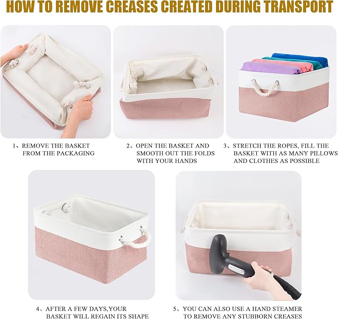 Storage Bins with Sturdy Cotton Handles(1 Pack), Fabric Storage Baskets for Organizing use for Office & Home, Book, Clothes, Toys, Closet Boxes (Small, Pink-White, 12.2x8.3x6.3 inches)