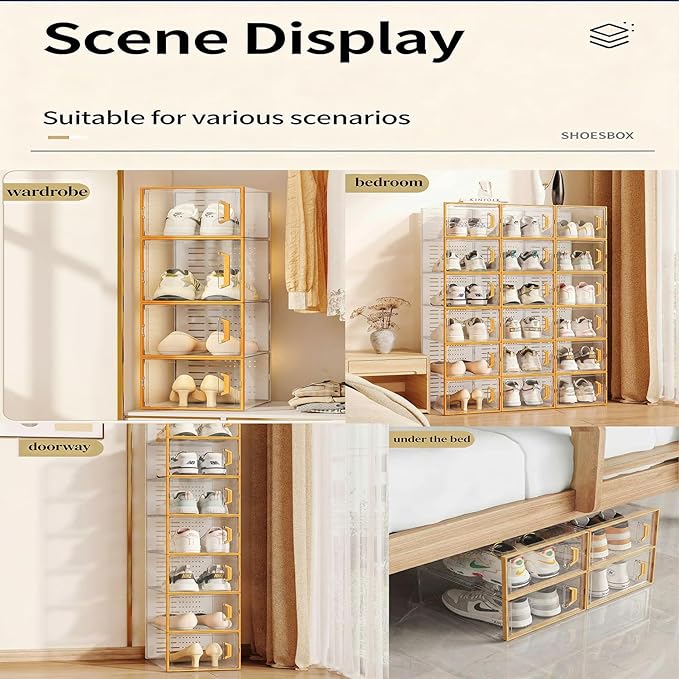 Clear Stackable Foldable Plastic Shoe Storage Boxes, 15 Pack Shoe Rack Shoe Organizer Space‑Saving Shoe Container for Closet Wardrobe Bedroom Entryway