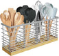 Suli Extra Large Kitchen Utensil Holder Countertop with 4 Compartments,Silvery Metal holder with Wooden Base for Countertop,Farmhouse Utensil Organizer for counter,Rustic Cooking Utensil Organizer
