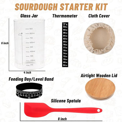 Xileanalee Pro Sourdough Starter Jar Kit- 35 Oz Large Sourdough Starter Glass Jar with Date Marked Feeding Band,Thermometer,Spatula,Cloth Cover& Lid for Sour Dough Bread Loaf