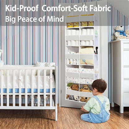 Over The Door Organizer with 5 Shelves, 9 Compartment + 10 Side Pocket, Sturdy Oxford Cloth, Supports 90 lbs, Heavy-Duty Behind the Door Hanging Closet Organizer and Storage for Room Essentials, White