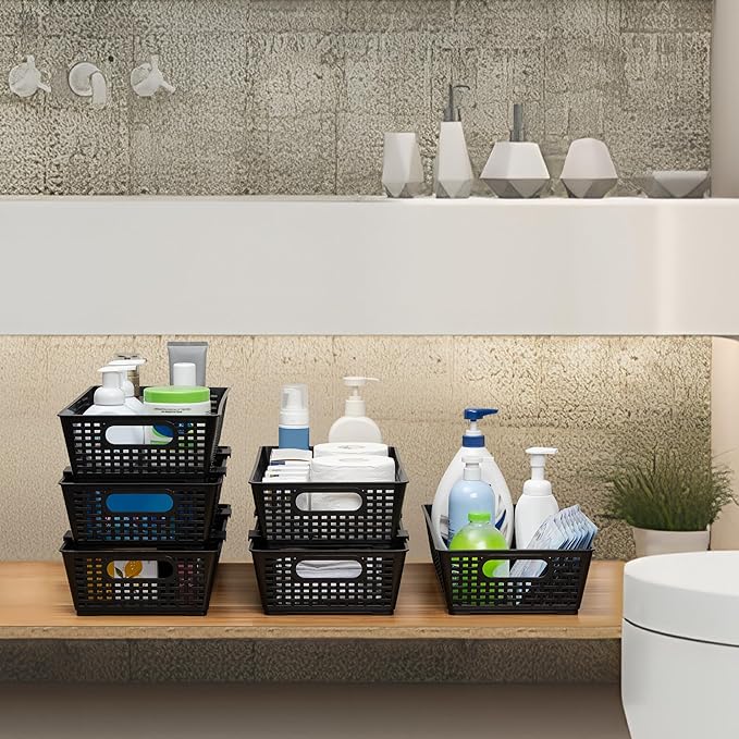 Tiawudi Stackable Woven Plastic Basket, Storage Bins for Cabinet, Closet, Shelf, Under Sink and Countertop, Pantry Organizer Bins, 6 Pack