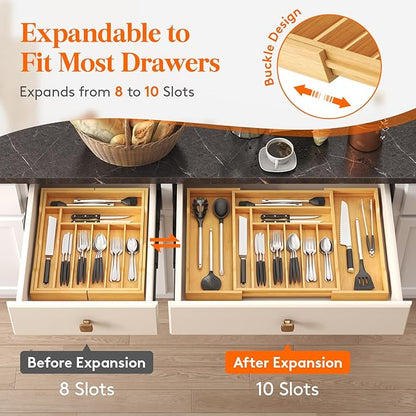 Lifewit Silverware Drawer Organizer, Expandable Utensil Tray for Kitchen, Flatware and Cutlery Holder, Wood Adjustable Storage for Spoons Forks Knives, 17-28 x 18.5, Natural