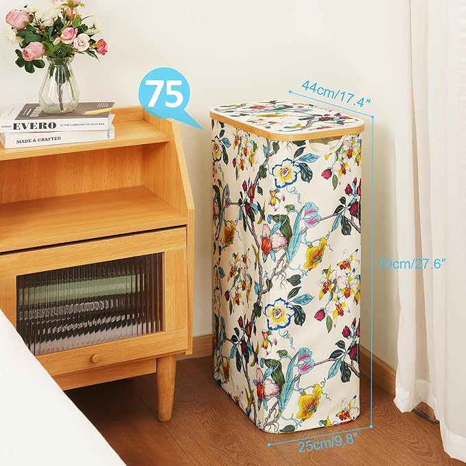efluky Slim Laundry Basket with Lid, Narrow Laundry Hamper with Removable Bag, Skinny Dirty Clothes Basket with Bamboo Handles for Bathroom, Bedroom & Laundry Room, 75L Floral