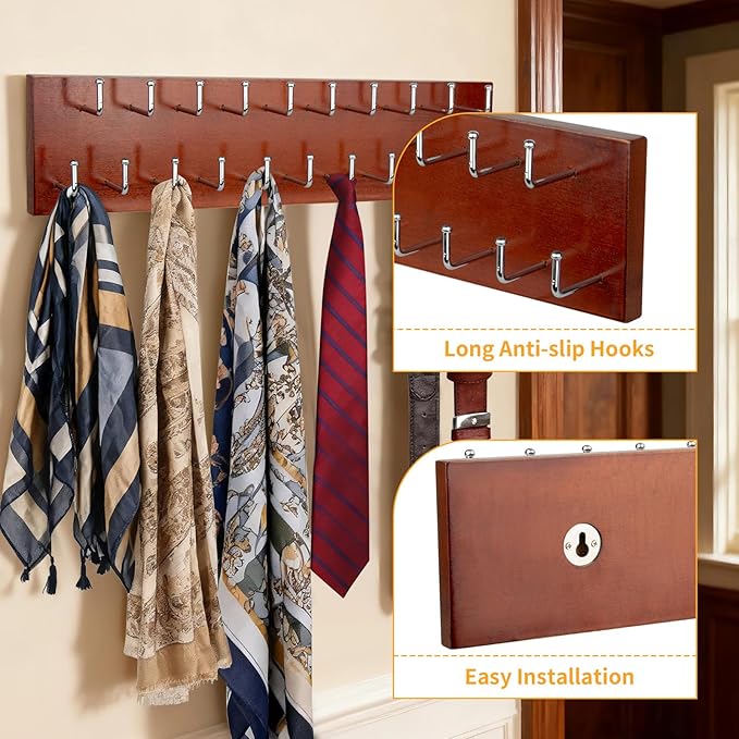 Belt Organizer Holder Wooden Belt Hanger for Closet Wall Mount Belt Storage Rack Tie Bra Scarf Hanger Holds Over 40 Large Belts (Brown)