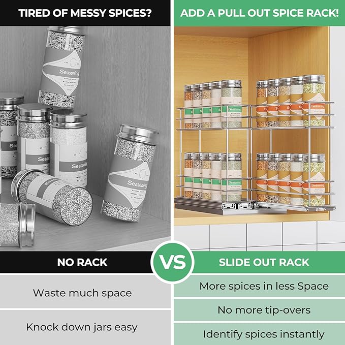 Mystozer Pull Out Spice Rack Organizer for Cabinet, Slide Out Spice Racks, Easy to Install Spice Cabinet Organizers, 5.28" Wx10.43 Dx8.26 H, 2 Drawers 2 Tiers(Silver)