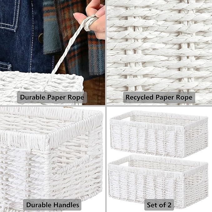 Vagusicc Wicker Storage Basket, Set of 2 Hand-Woven Paper Rope Wicker Baskets for Organizing Decor Storage Bins for Counter Shelves Pantry Basket Small Toilet Paper Basket for Toilet Tank Top, White