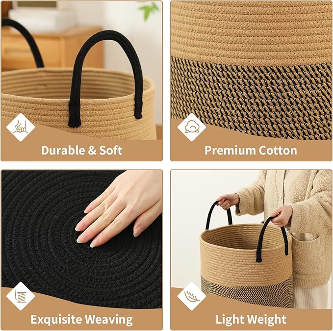 Laundry Basket Hamper Tall Rope Storage Woven for Blanket toys Dirty Clothes in Living Room Bathroom Bedroom (Jute Brown & Black, 80L/21.3Gal)