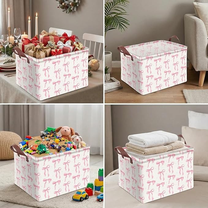 1PC 22L Pink Bow Storage Basket, Waterproof Canvas Organizer, Collapsible Decorative Bin with Handles for Bedroom Closet Toys Clothes Gift