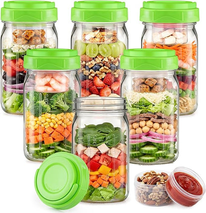 6 Pack Glass Salad Container for Lunch, Salad Jars with Two Dressing Cup for Wet/Dry Separation, Salad Mason Jars with Handle, Leak-proof Meal Prep Containers for Home, Office and Outdoor Use