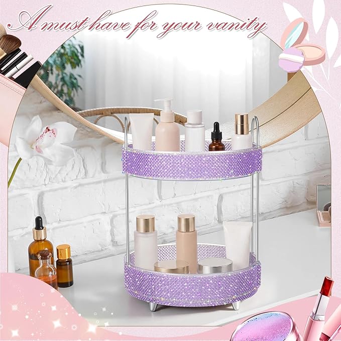 Honeydak 360 Rotating Perfume Organizer for Mother Day Nurse Day Rhinestone Bathroom Counter Organizer Makeup Holder Skincare and Perfume Storage for Cosmetic Countertop(2 Tiers,Pearl,Purple)