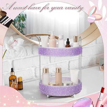 Honeydak 360 Rotating Perfume Organizer for Mother Day Nurse Day Rhinestone Bathroom Counter Organizer Makeup Holder Skincare and Perfume Storage for Cosmetic Countertop(2 Tiers,Pearl,Purple)