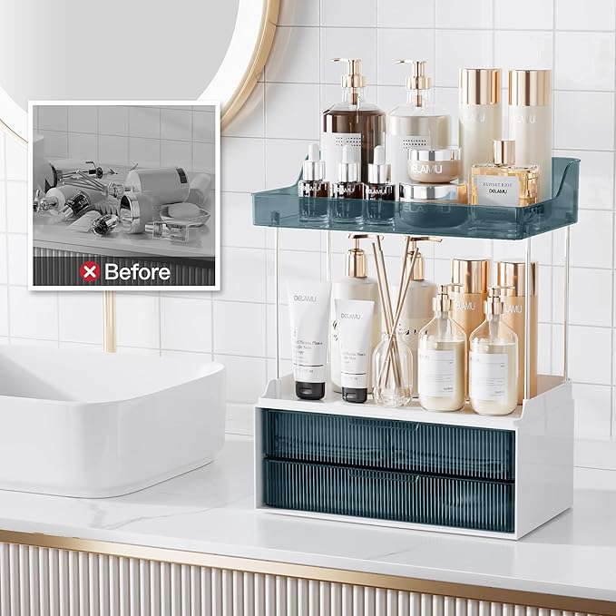Delamu Bathroom Organizers and Storage, 2 Tier 2 Drawer Makeup Organizer Countertop, Easy to Install, Ideal for Bathroom Counter, Vanity, Blue