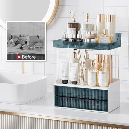 Delamu Bathroom Organizers and Storage, 2 Tier 2 Drawer Makeup Organizer Countertop, Easy to Install, Ideal for Bathroom Counter, Vanity, Blue