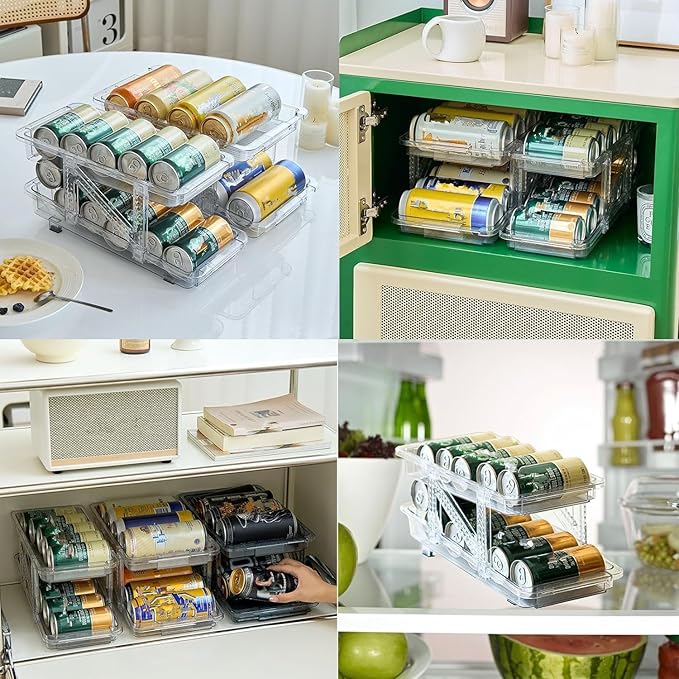 Soda Can Dispenser for Refrigerator,Stretchable Width Sode Can Organizer Stackable Drink Pop Can Organizer for Pantry,Cabinet,Canned Goods Holder, Clear