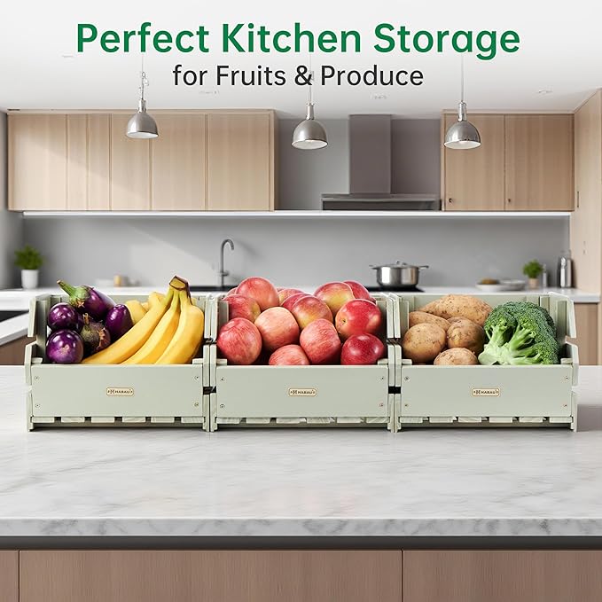 Wood Potato Onion Storage Bins - Wooden Stackable Produce Basket - Fruit Vegetable Storage for Kitchen Pantry Organization, Set 3 Pieces
