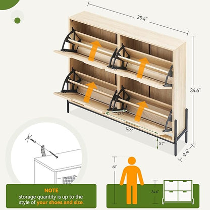 IDEALHOUSE Rattan Shoe Storage Cabinet with 4 Flip Drawers, Freestanding Shoe Organizer with Adjustable Shelves for Entryway, Narrow Shoe Rack Cabinet, Farmhouse Slim Shoe Cabinet, Oak