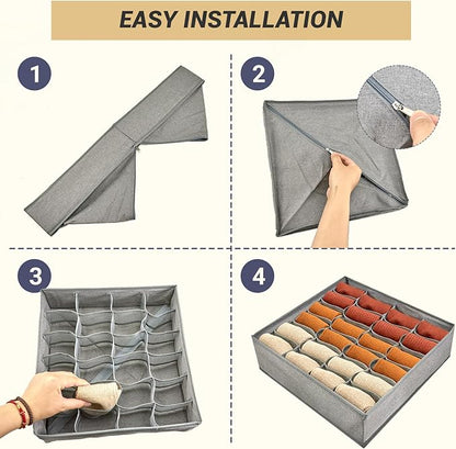 PINGMIC Gray Sock Organizer Divider 2 Pack - 24 Cell Foldable Closet Storage, Tie Organizer For Men Boxes for Socks, Ties, Belts