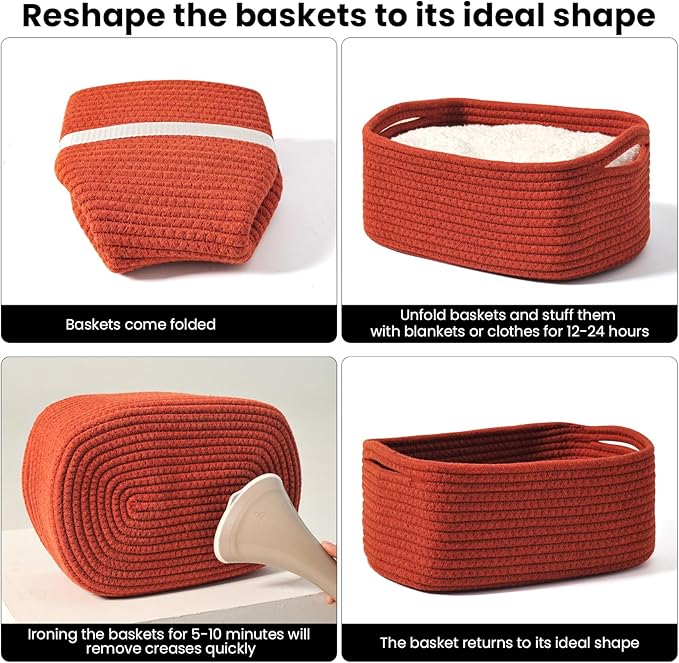 ICERZCZ Small Red Woven Baskets for Organizing, Basket for Gifts Empty, Cotton Rope Baskets for Storage, Organizer Bins for Organization, 13"×8.5"×5.1" (3 Packs) Brick Red