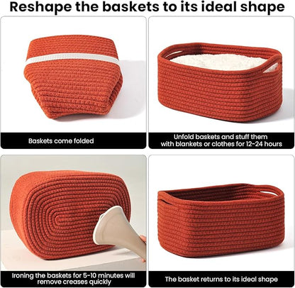ICERZCZ Small Red Woven Baskets for Organizing, Basket for Gifts Empty, Cotton Rope Baskets for Storage, Organizer Bins for Organization, 13"×8.5"×5.1" (3 Packs) Brick Red