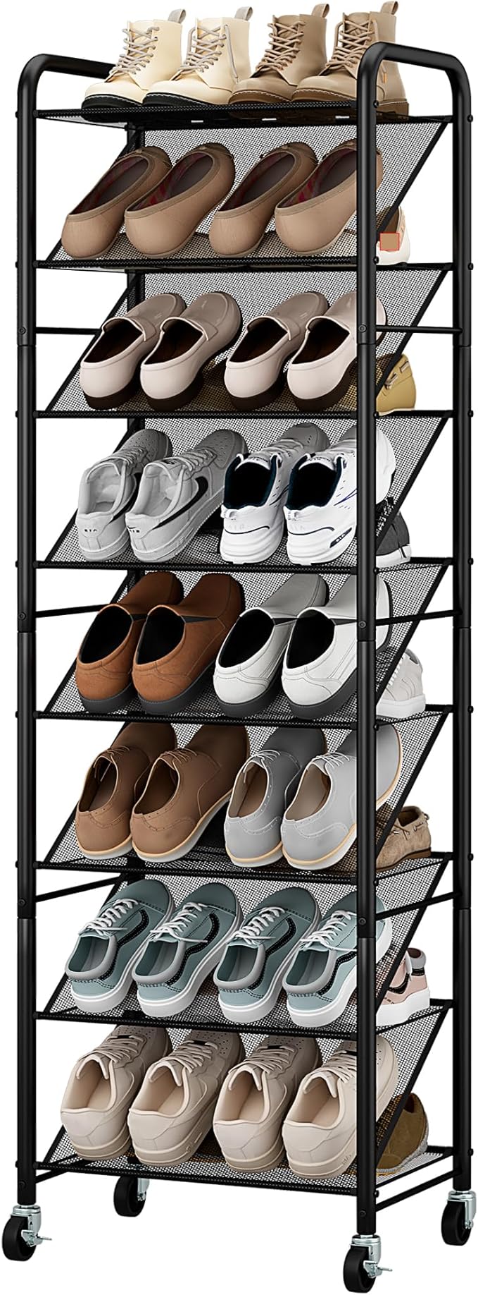 STO STO 8-Tier Narrow Shoe Rack with Lockable Wheels, Double-Sided Vinyl Mesh Shelf Shoe Organizer for Up to 30 Pairs, Slim Space Saving Metal Rolling Shoe Storage for Entryway, Closet, Hallway